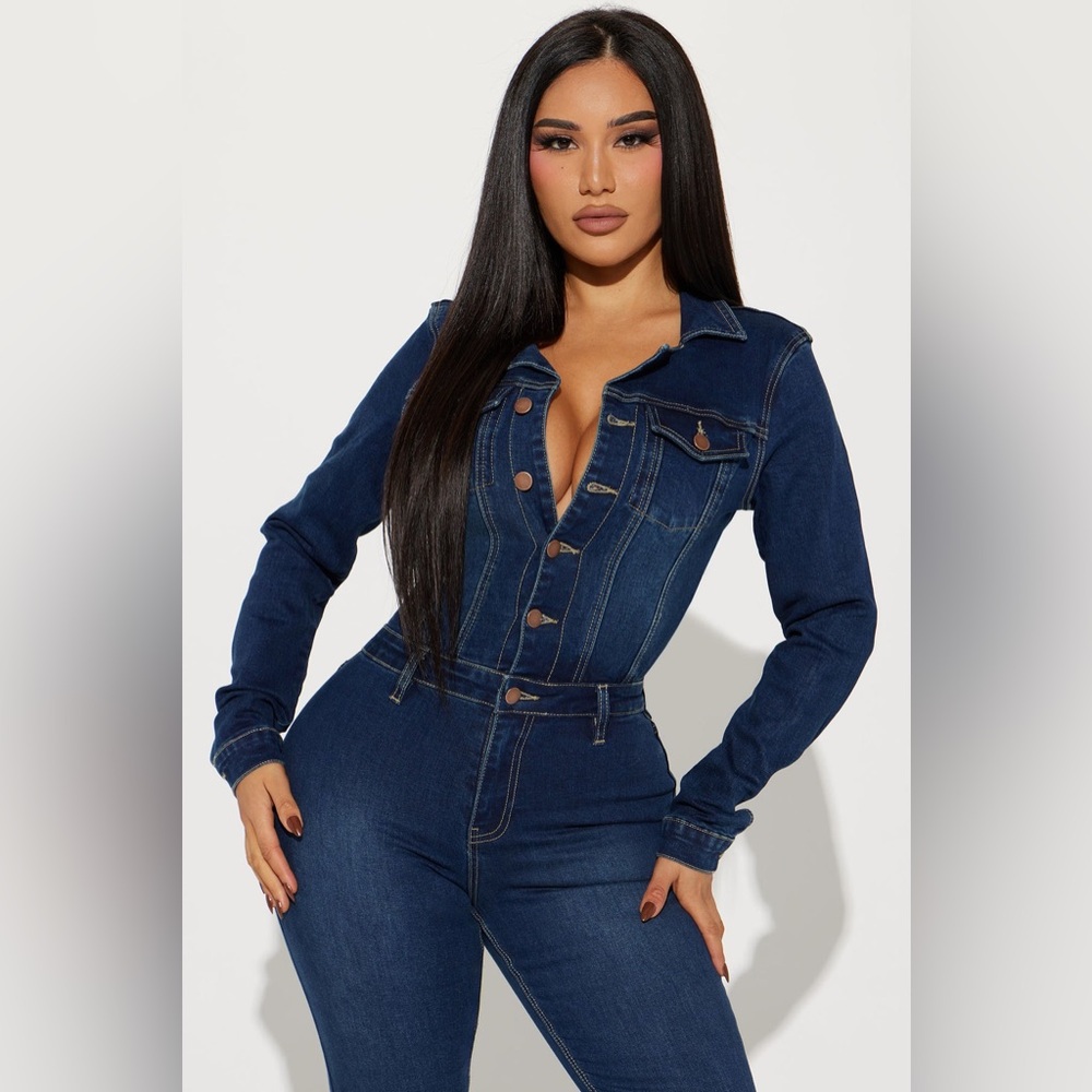 Day Dreaming Long Sleeve Denim Jumpsuit Flared Leg Stretchy Womens 1X XL NWT - Picture 2 of 16
